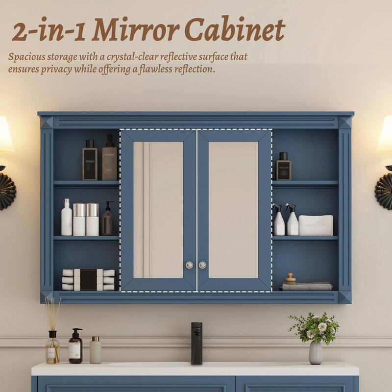 47-Inch Bathroom Mirror Cabinet with Storage, Adjustable Shelf, Open Shelves