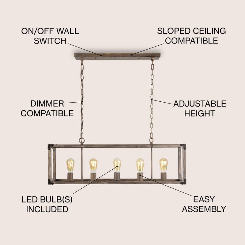Zeniba 36" 5-Light Linear Adjustable Iron Rustic Farmhouse LED Pendant, Brown by JONATHAN Y