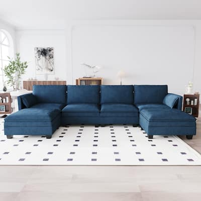 Christopher Knight Home - Noah 141.5" U-Shaped 6-Seater Sofa Couch with Movable Ottoman and Armrest Pockets, Fabric Upholstery
