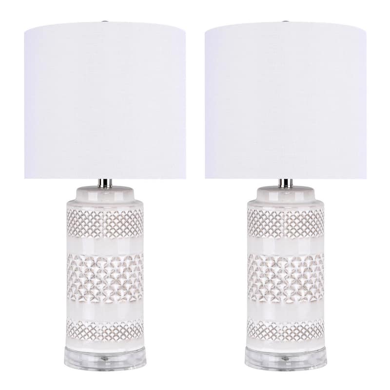 Casa 21" Ceramic Table Lamp w/ Cylindrical Base & Linen Shade (Set of 2) - Off-White Ceramic/White Shade