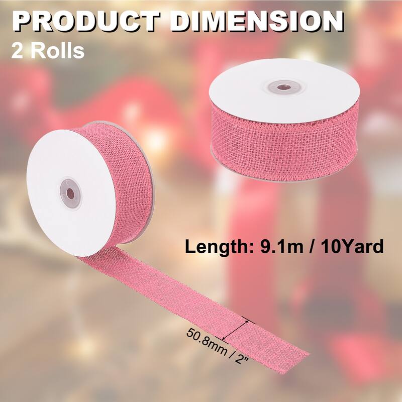 Burlap Fabric Ribbon 2pcs Jute Crafts Roll Wrapping - Pink - 2 Inch x 10 Yards