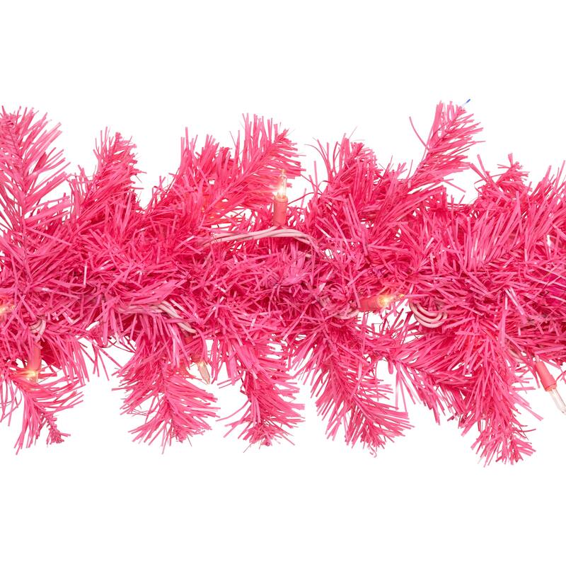 Pre-Lit Artificial Tinsel Christmas Garland - 9' x 8" - Pink - Clear Lights