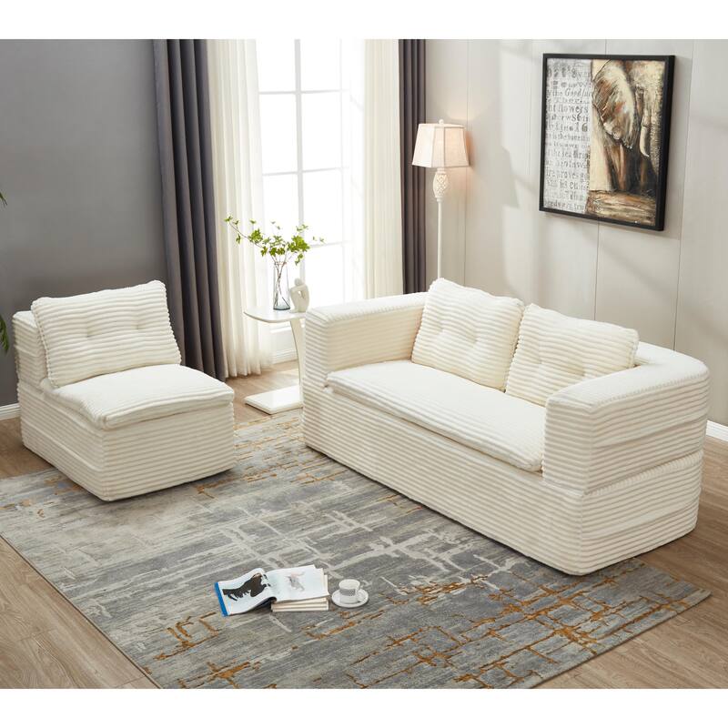 Convertible Floor Sofa Bed with Chaise Lounge, Corduroy 3-in-1 Sofa, Sofa to Bed with Dual-Purpose Blanket, No Assembly Required