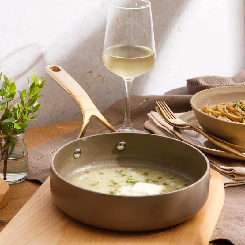 Bloomhouse Pots and Pans Heavy Duty Aluminum Premium PFA Free Ceramic Nonstick - Cappucino Cream with Gold Handle