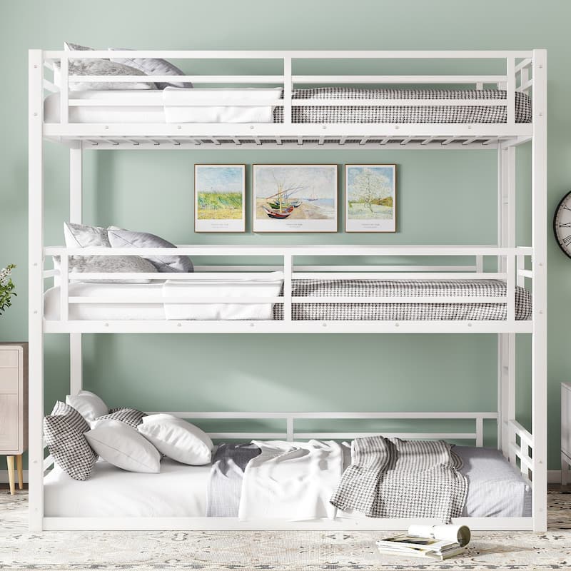 GDFStudio - Fillip Metal Triple Bunk Bed with Guardrails & Noise-Reduced Heavy-Duty Frame - White + Full/Full/Full - Full