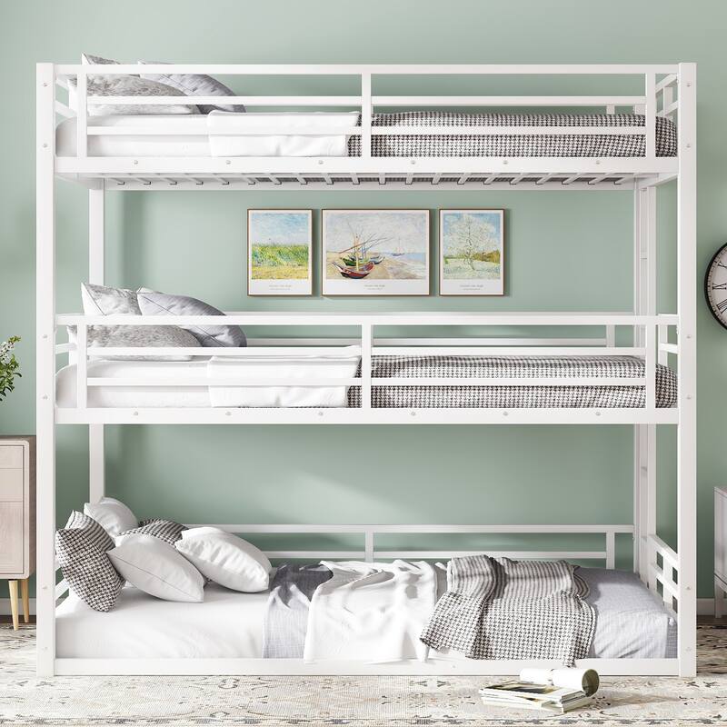Roomfitters Twin/Full/Queen Metal Triple Bunk Bed with Safety Guardrails, Heavy-Duty Noise-Reduced Frame, White - White - Full