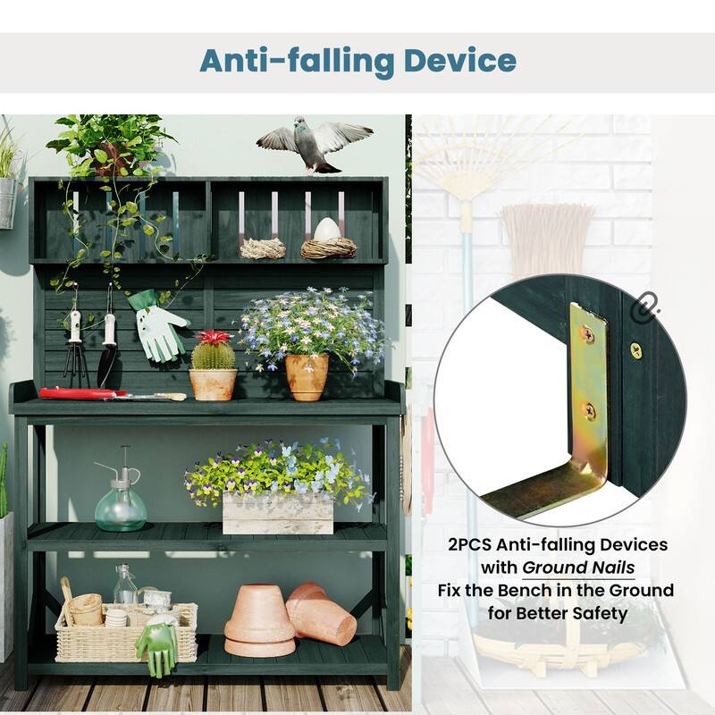 65" Large Wooden Farmhouse Rustic Outdoor Potting Bench Table, Patio Workstation with 4 Storage Shelves and Side Hook