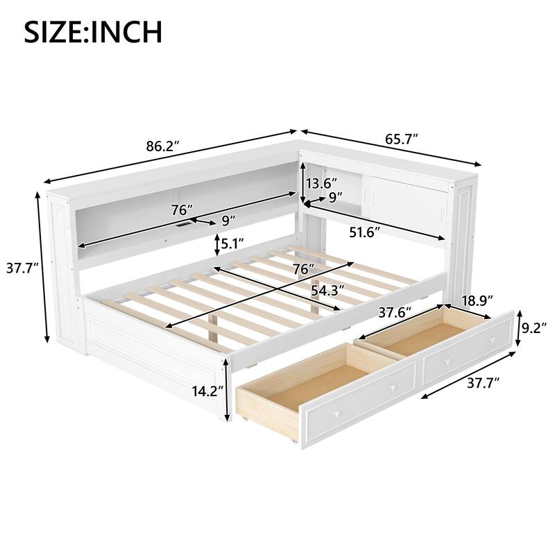 Full Size Wood Daybed with Storage Shelves, USB, LED, and 2 Drawers
