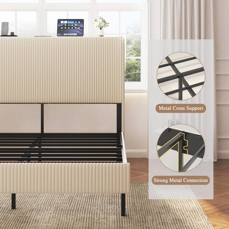Platform Bed, Metal Bed Frame with Charging Station, No Box Spring Needed