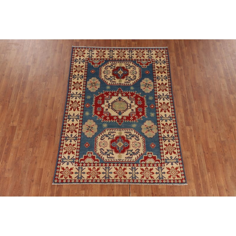 Blue Geometric Kazak Oriental Area Rug Bedroom Handmade Wool Carpet - 4'10" x 6'11"