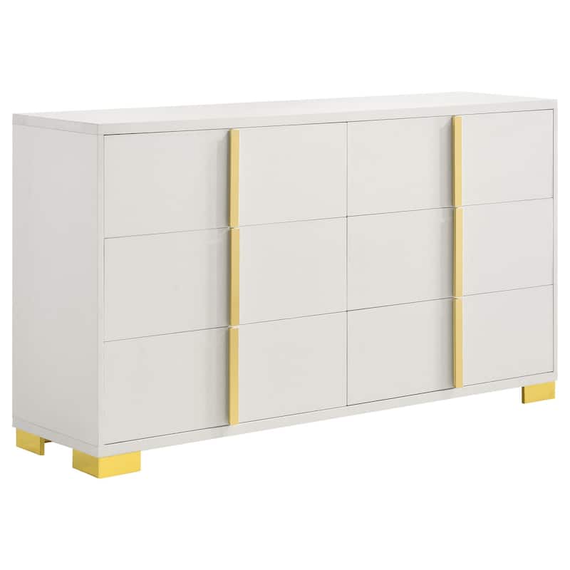 Dex 59 Inch Wide Dresser, 6 Drawers with Long Vertical Gold Handles, White