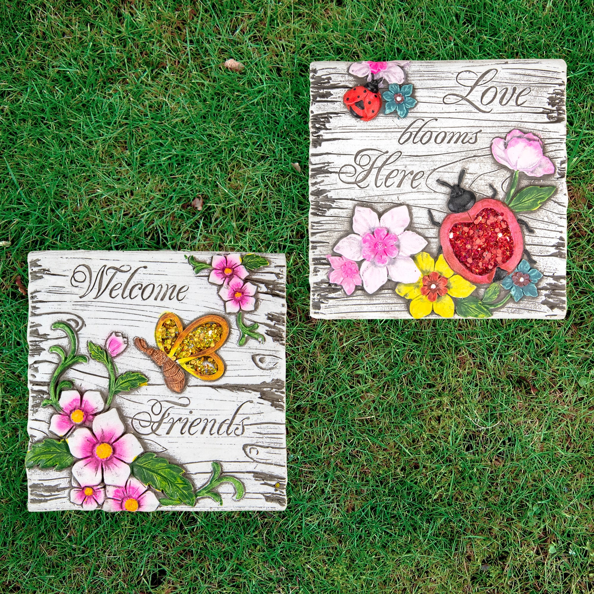 Set of 2 Love Blooms Welcome Friends Floral Outdoor Garden Stones 7"