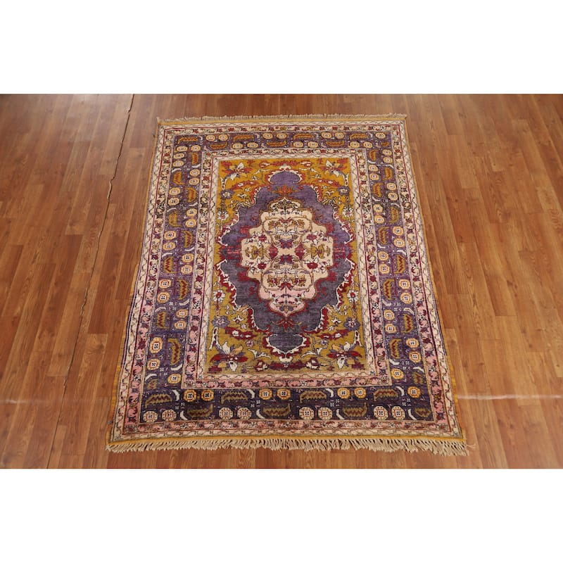 Hand Knotted Oriental Silk Carpet Transitional Medallion Purples Anatolian Area Rug - 5' 2'' X 4' 0''