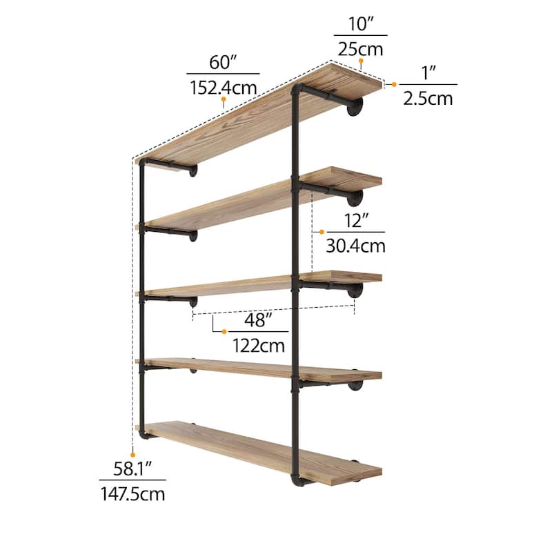 Wallniture 60 inch Industrial Floating Shelves for Wall, Wooden Book Shelves, Wall Mounted Pipe Shelf, 5-Tier