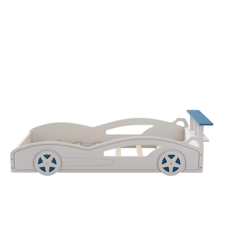 Wooden Race Car Bed,Car-Shaped Platform Twin Bed with Wheels For Teens