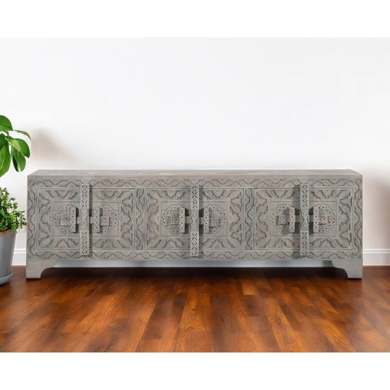 HomeRoots 79" Gray Carved Scrollwork Distressed Solid Wood Enclosed Storage TV Stand - 79' X '24' X '16 - 79' X '24' X '16 - Gray