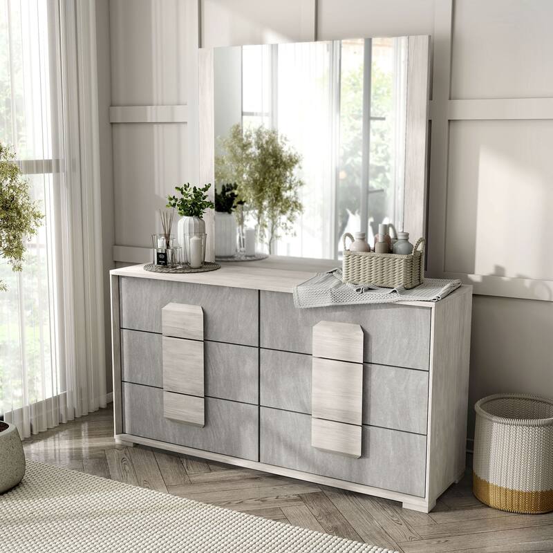 Furniture of America Jonnick Contemporary Washed White and Stone Grey Melamine Top 2-Piece 6-Drawer Dresser and Mirror Set
