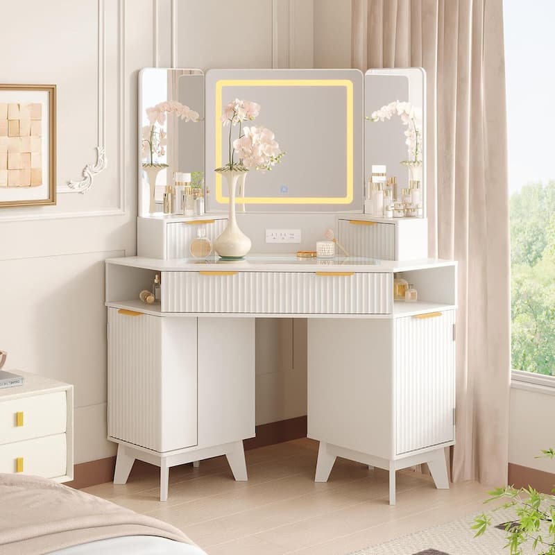 48 inch Fluted Corner Vanity Desk with Lights and Triple Mirror - White