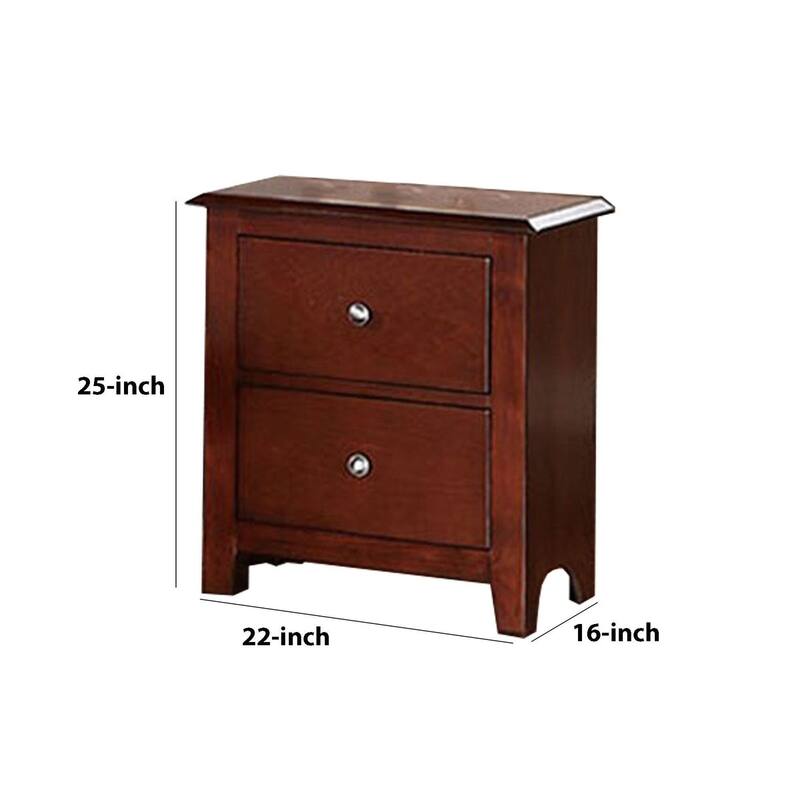 25 Inches 2 Drawer Wooden Nightstand with Metal Pulls, Brown