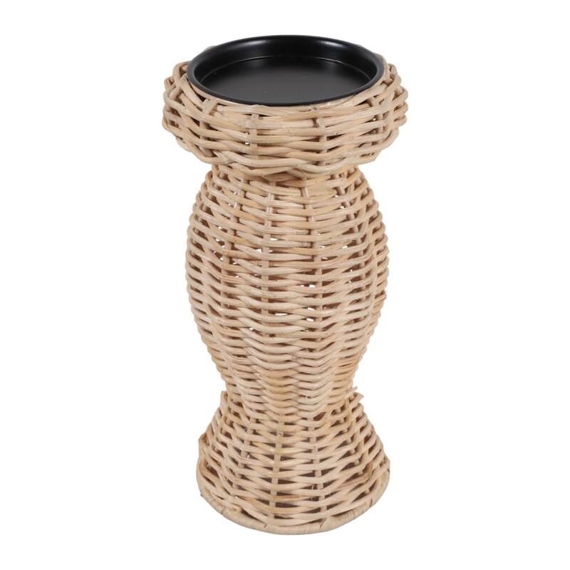 Candle Holder - Brown Metal Handwoven Raffia Pillar