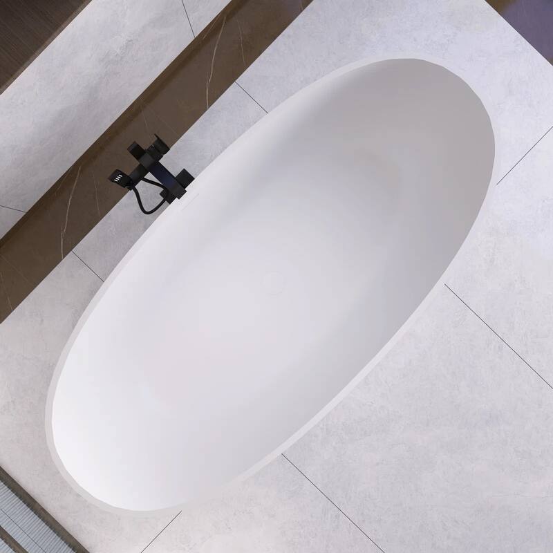 67 Inch Solid Surface Freestanding Soaking Bathtub in Matte White