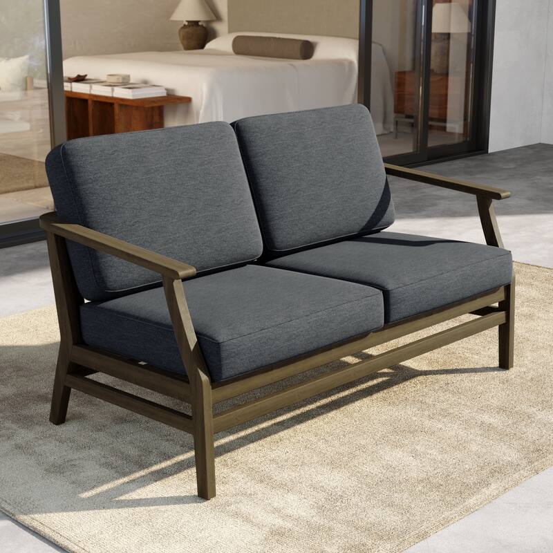 Outdoor Teak Wood Loveseat Sofa with Water-Resistant Cushions