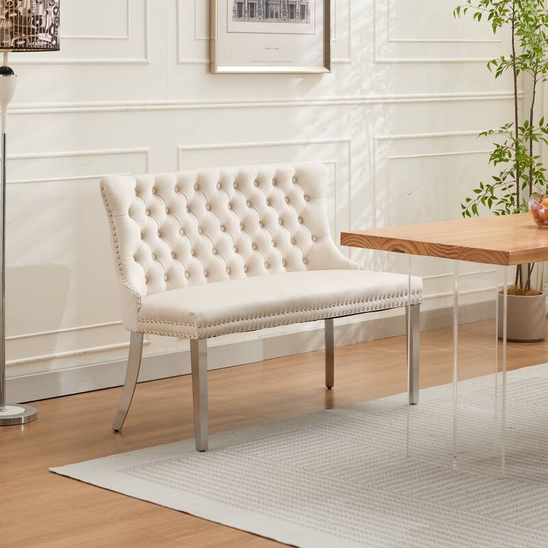 Velvet Double Dining Loveseat Bench, Kitchen & Dining Seating, 2-Seat Tufted Bench w/Handmade Buttons, Wing Back