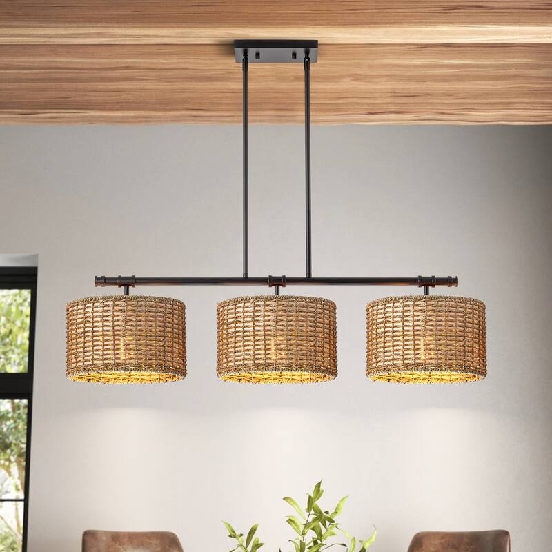 3-Light Modern Farmhouse Black Linear Drum Handwoven Rattan Pendant Light for Kitchen Island