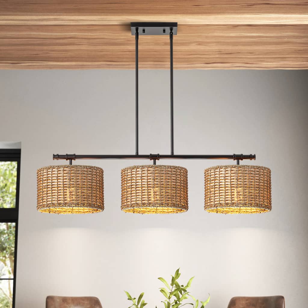 3-Light Modern Farmhouse Black Linear Drum Handwoven Rattan Pendant Light for Kitchen Island