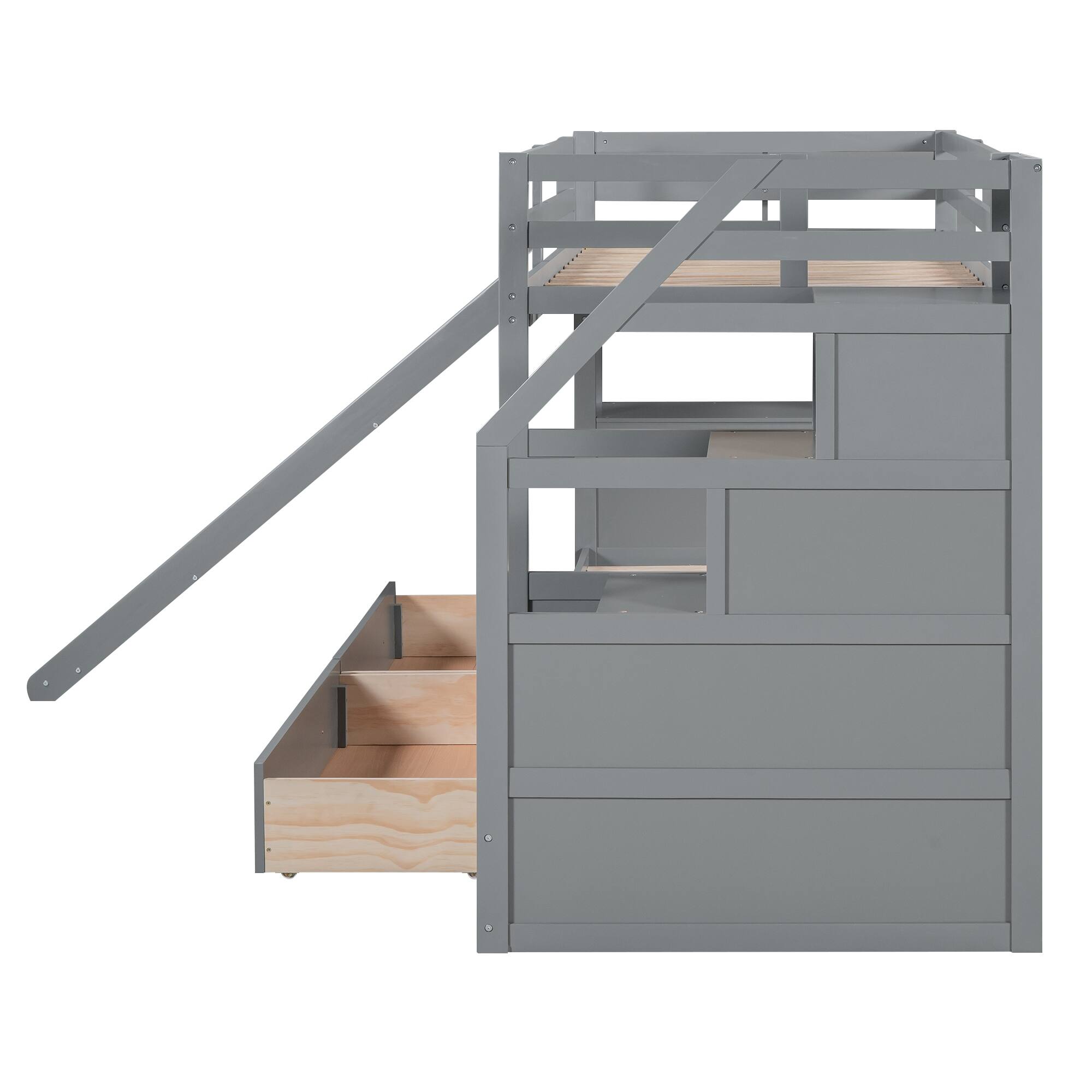Twin over Twin Bunk Bed with Storage Staircase, Slide and Drawers, Desk