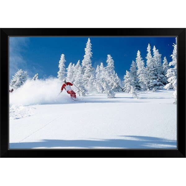"Lone skier riding through powder, British Columbia, Canada" Black Framed Print