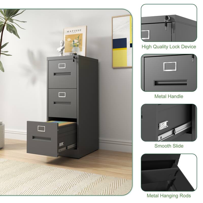 Modern Narrow Vertical File Cabinet, 3 Drawers Filing Cabinet with Lock Adjustable Hanging Rail, for Home Office, Black