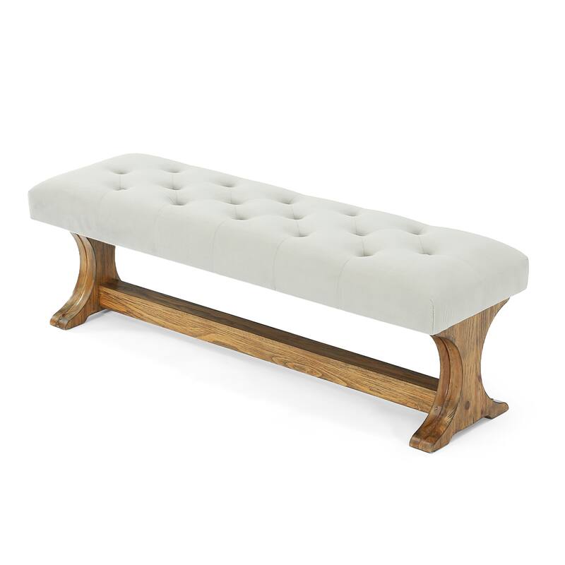 55" Upholstered End of Bed Bench, Solid Wood Tufted Entryway Bench, Ottoman with Cushion for Bedroom, Living Room, Hallway