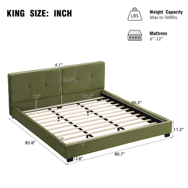 Olive Green Frames King Size Velvet Platform Bed Soft Square Corners Tufted Headboard Low Profile Bed Upholstered Grounded Bed