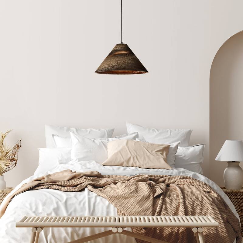 1-light Brown Natural Pendant Light With Nordic Style Cone Cardboard Shade For Dining Table