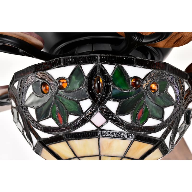 Peacoo 52-Inch Flushmount Lighted Ceiling Fan Ivory Leaf Berry Tiffany Glass Lamp Black Finish