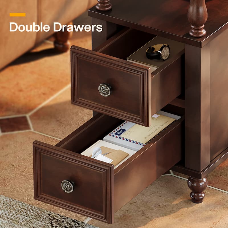 Solid Wood End Table with 2 Drawers