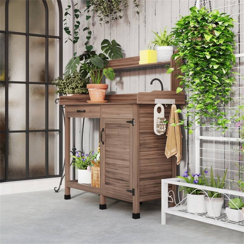 Garden Work Bench with Sink, Open Shelves & Tool Storage - 44.5" L x 18.7" W x 50.2" H