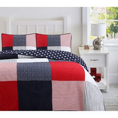 Cozy Line Patriotic Patchwork Plaid Red White Blue Reversible Cotton Quilt Bedding Set
