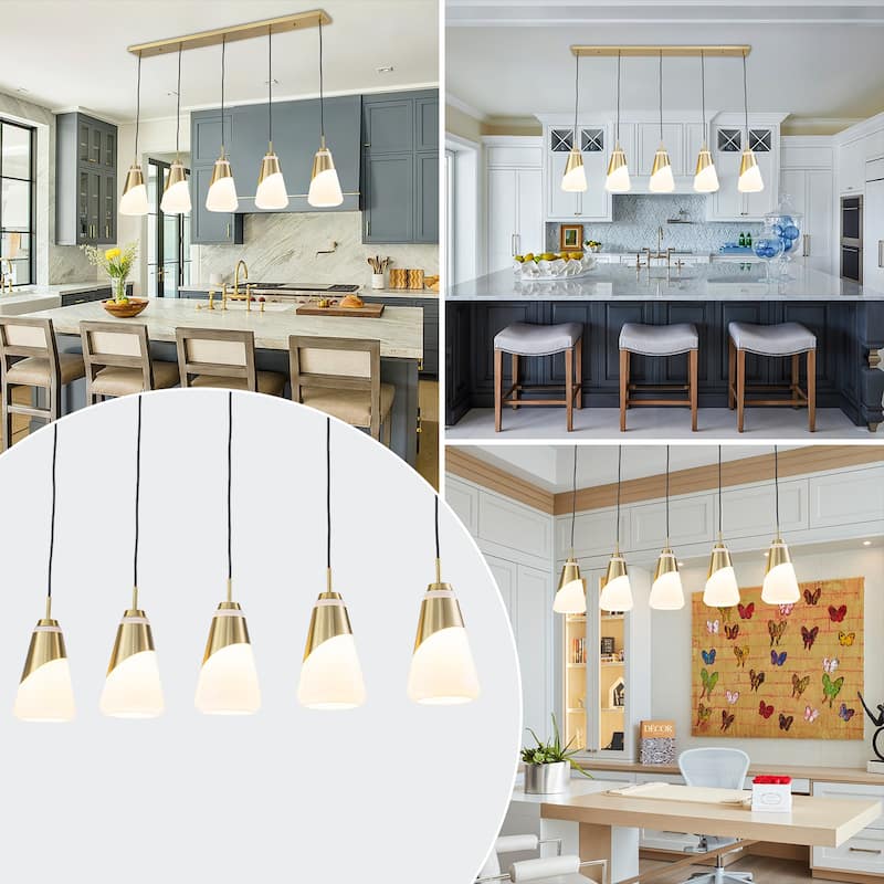 5-Light Gold Pendant Light with White Opal Glass Cone Shades - W 45.43-in