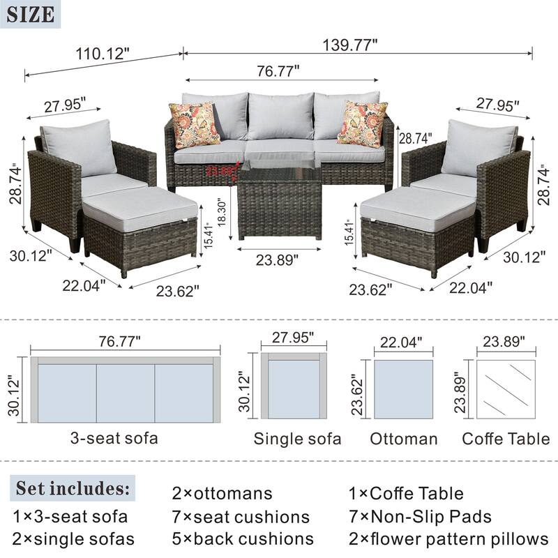 OVIOS 6-piece Outdoor Patio Wicker Conversation Set With Glass-Top Table