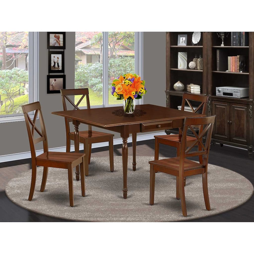 HomeStock 5-Pc Mahogany Finish Solid Wood Top - Rectangular Dining Room Set with Dropleaf - Seats 4