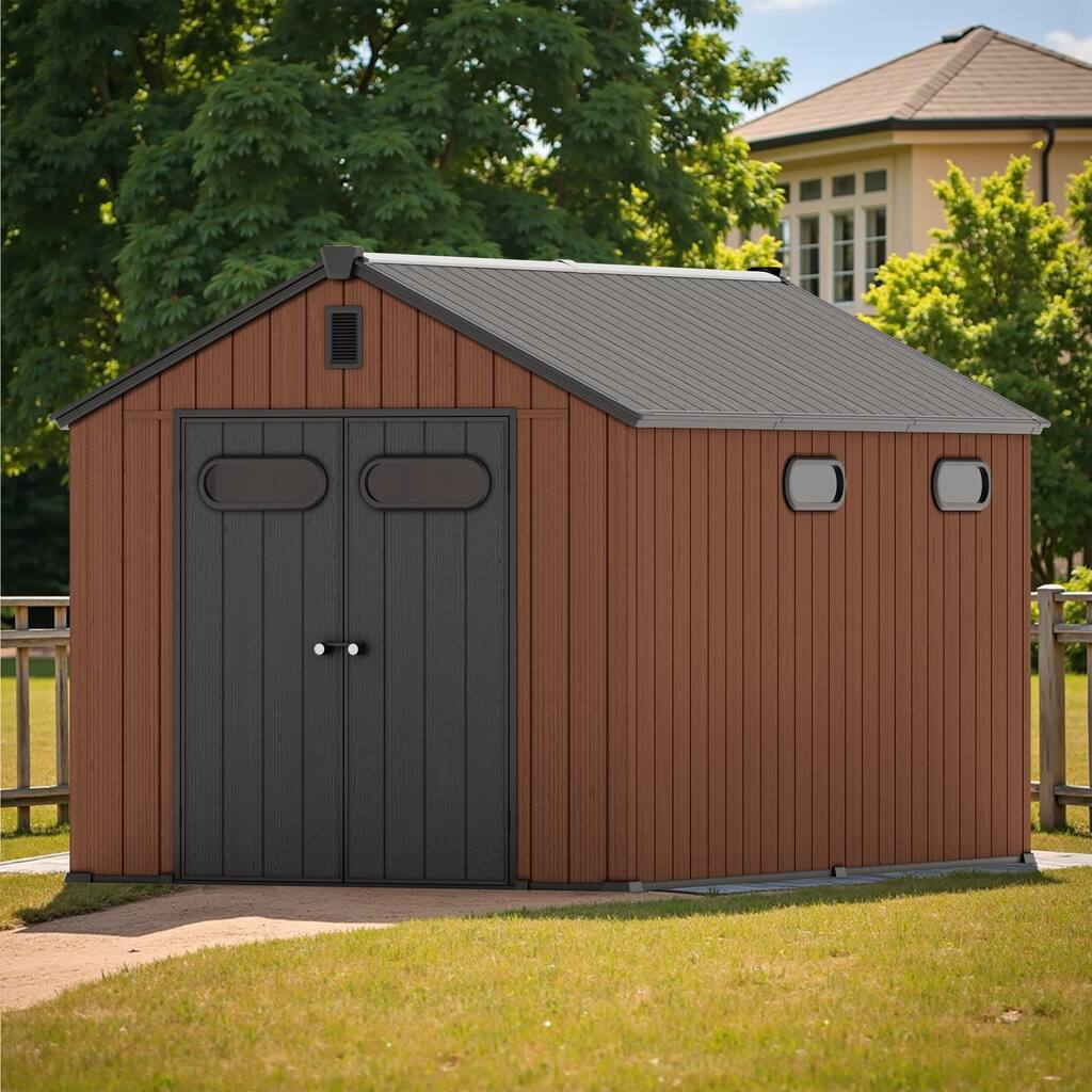 8' x 8' / 8' x 10'/ 8' x 12' Outdoor Resin Storage Shed with Floor & Lockable Doors All-Weather Garden Tool Storage for Patio