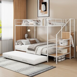 Retro Style Twin Over Full Metal Bunk Bed with Trundle