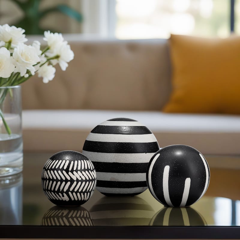 Sagebrook Home Set of 3 Decorative Orbs Contemporary Black and White Tribal Design Round Orb Decor - 6" x 6" x 6" - 6" x 6" x 6" - Striped Black/white