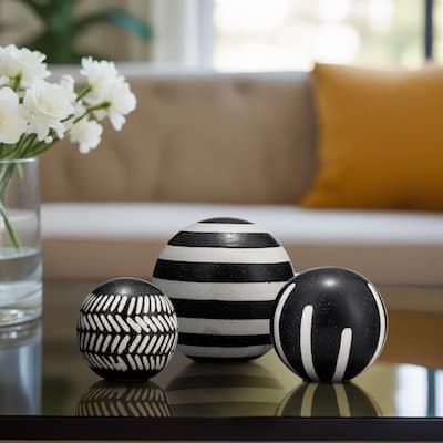 Sagebrook Home Set of 3 Decorative Orbs Contemporary Black and White Tribal Design Round Orb Decor - 6" x 6" x 6"
