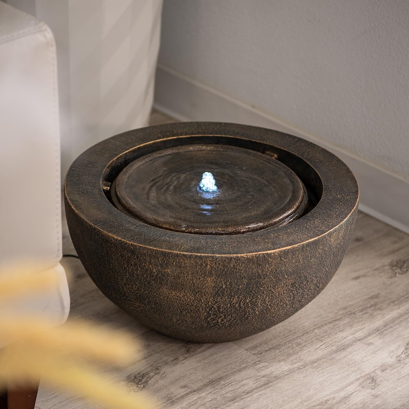 XBrand 19.8"W Round Polyresin Sphere Water Fountain w/LED Light, For Indoor/Outdoor, Garden Water Fountain