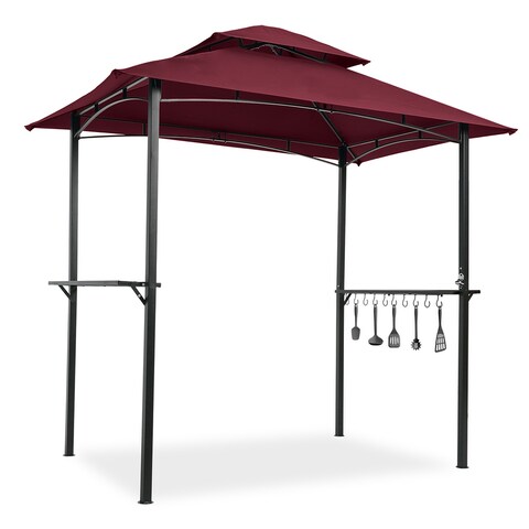 Outdoor Grill Gazebo 8 X 5 Ft Shelter Tent Double Tier Soft Top Canopy and Steel Frame with Hook and Bar Counters Burgundy