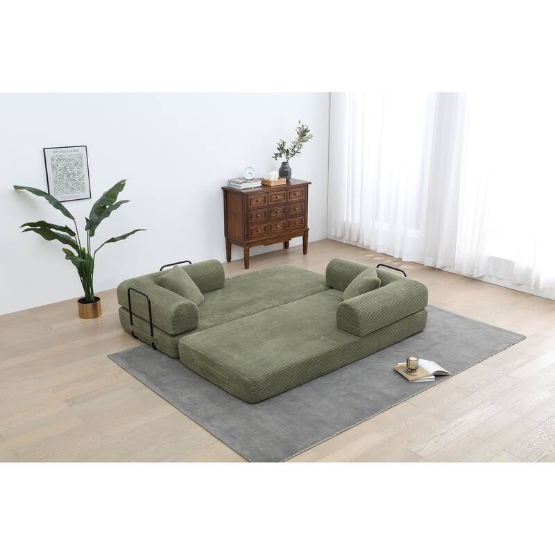 Convertible Sleeper Sofa Bed with Cylindrical Pillow - Corduroy Folding Mattress Couch for Living Room, Bedroom, Lounge, Studio