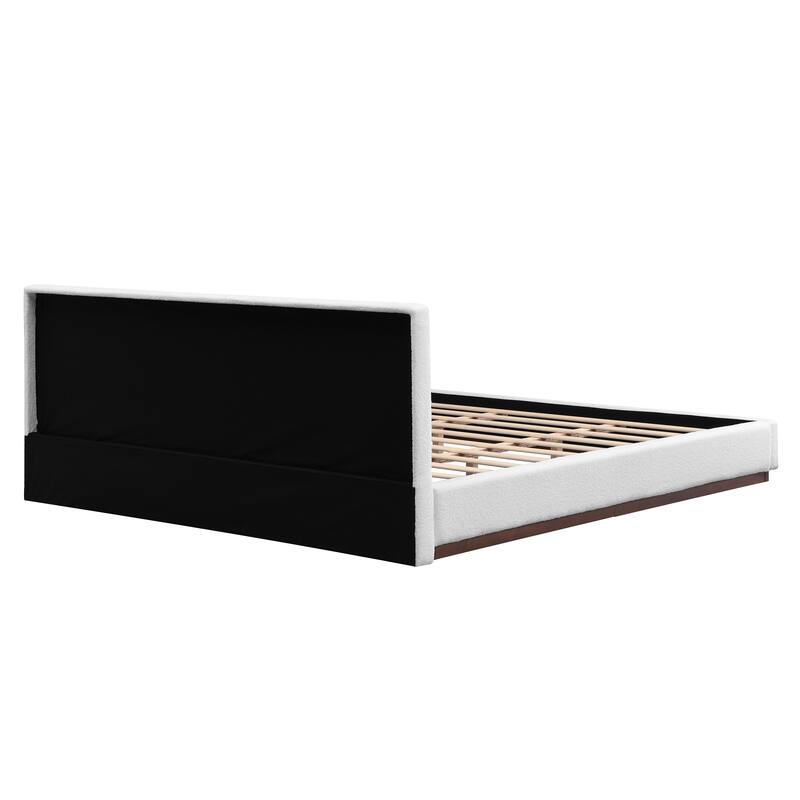 Queen / King Elegant White Fabric Upholstered Bed with Solid Wood Base